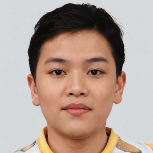 Neutral asian young-adult female with short  black hair and brown eyes