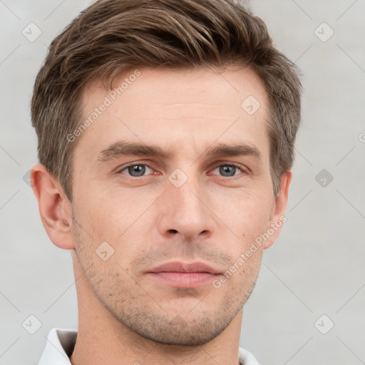 Neutral white young-adult male with short  brown hair and grey eyes