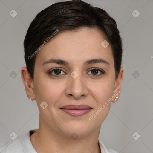 Joyful white young-adult female with short  brown hair and brown eyes