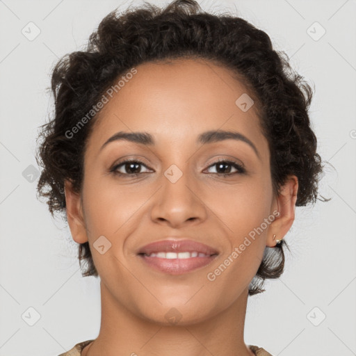 Joyful latino young-adult female with short  brown hair and brown eyes