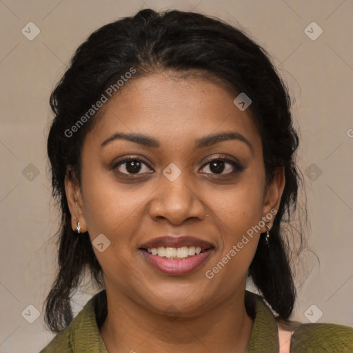 Joyful latino young-adult female with medium  brown hair and brown eyes