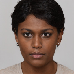 Neutral black young-adult female with short  black hair and brown eyes