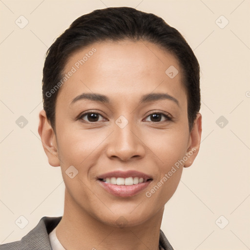 Joyful white young-adult female with short  brown hair and brown eyes