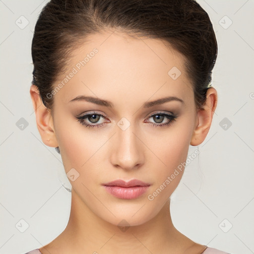 Neutral white young-adult female with medium  brown hair and brown eyes