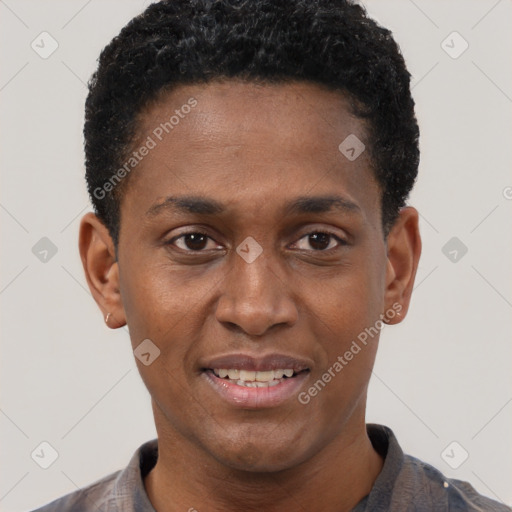 Joyful black young-adult male with short  brown hair and brown eyes
