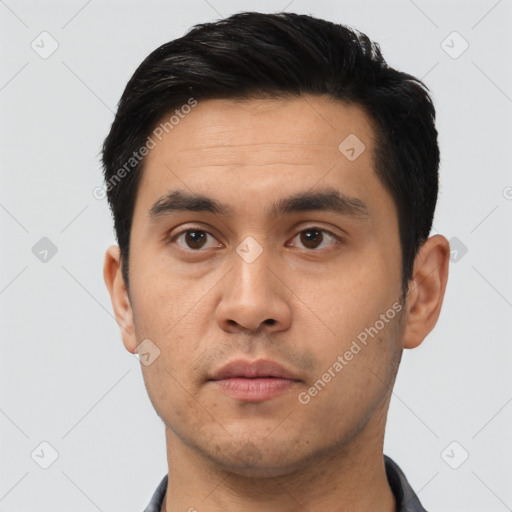 Neutral asian young-adult male with short  black hair and brown eyes