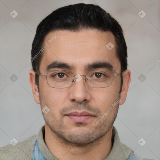 Neutral white young-adult male with short  black hair and brown eyes