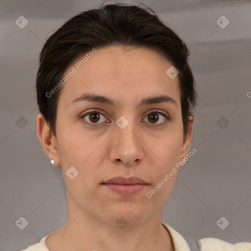 Neutral white young-adult female with short  brown hair and brown eyes