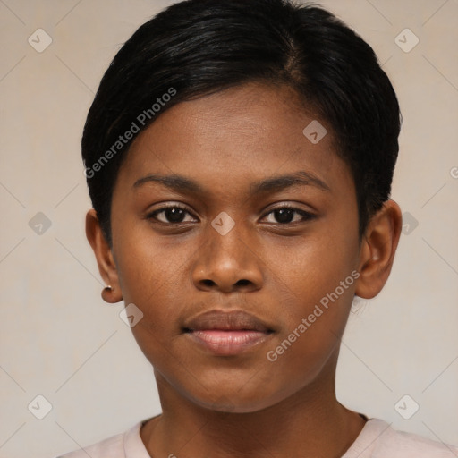 Neutral asian young-adult female with short  brown hair and brown eyes