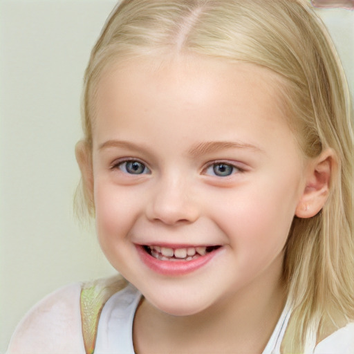 Joyful white child female with medium  blond hair and blue eyes