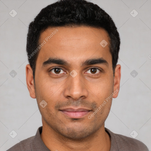 Neutral latino young-adult male with short  black hair and brown eyes