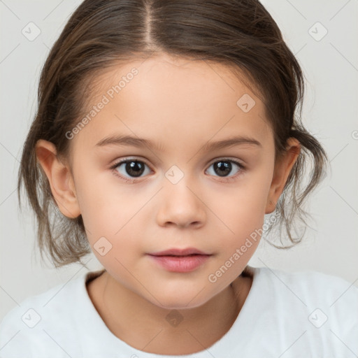 Joyful white child female with medium  brown hair and brown eyes