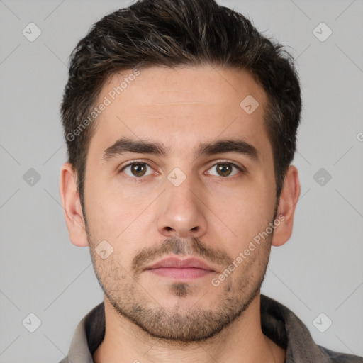 Neutral white young-adult male with short  brown hair and brown eyes