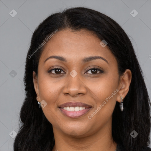 Joyful latino young-adult female with long  brown hair and brown eyes