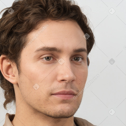 Neutral white young-adult male with short  brown hair and grey eyes