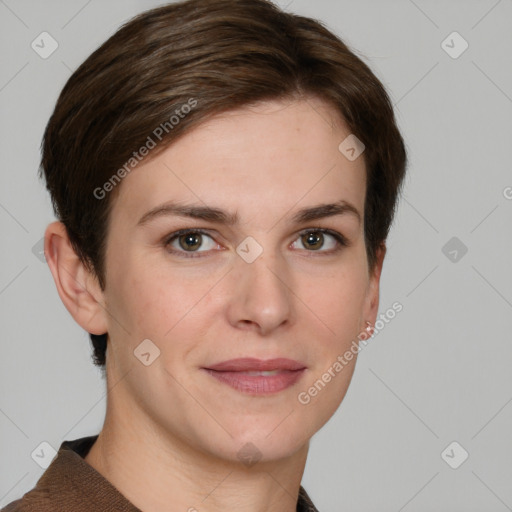 Joyful white young-adult female with short  brown hair and grey eyes