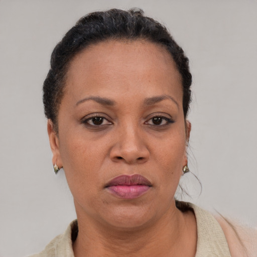 Neutral latino adult female with short  brown hair and brown eyes