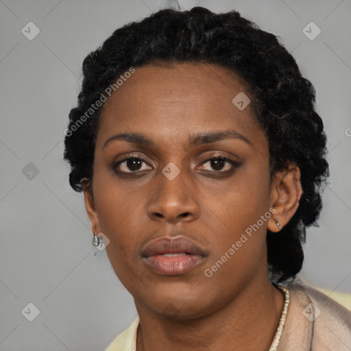 Neutral black young-adult female with short  black hair and brown eyes
