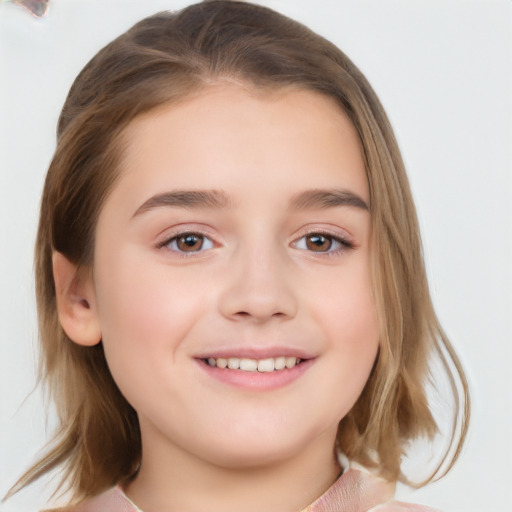 Joyful white child female with medium  brown hair and brown eyes