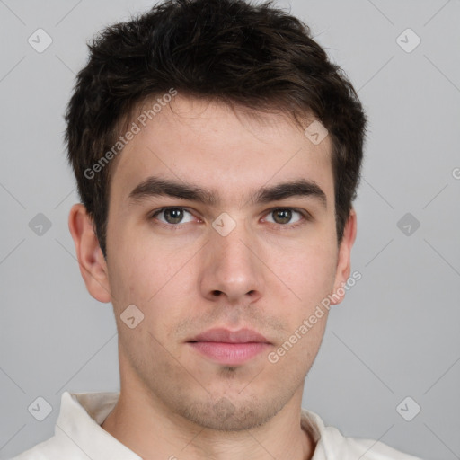 Neutral white young-adult male with short  brown hair and brown eyes