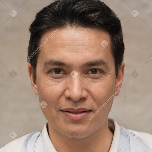 Joyful white adult male with short  brown hair and brown eyes