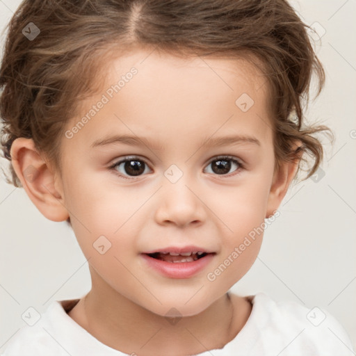 Joyful white child female with short  brown hair and brown eyes