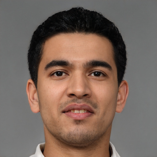 Neutral latino young-adult male with short  brown hair and brown eyes