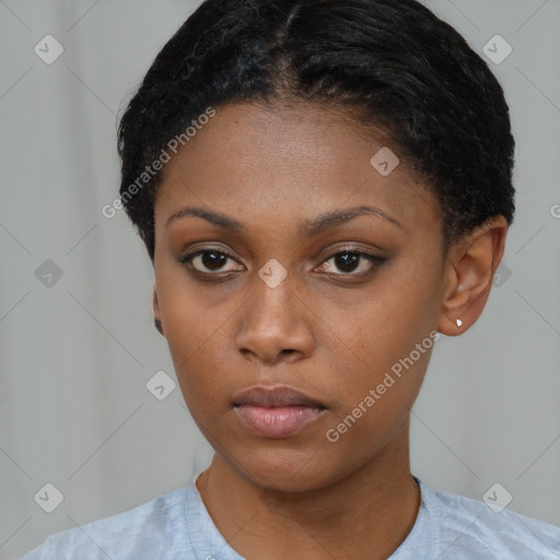 Neutral black young-adult female with short  black hair and brown eyes