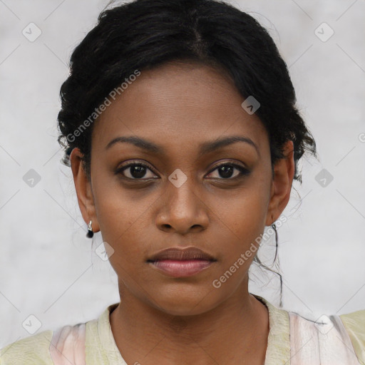 Neutral black young-adult female with short  black hair and brown eyes