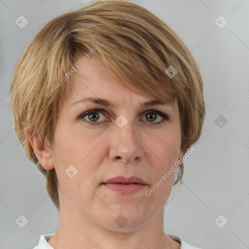 Joyful white adult female with medium  brown hair and grey eyes