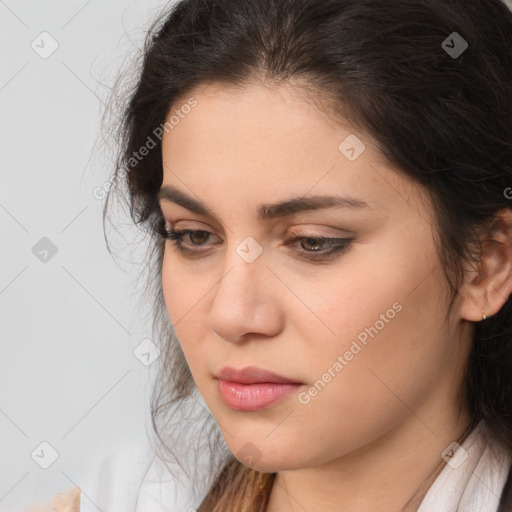 Neutral white young-adult female with medium  brown hair and brown eyes