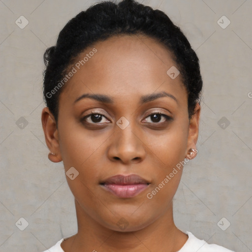 Neutral black young-adult female with short  black hair and brown eyes