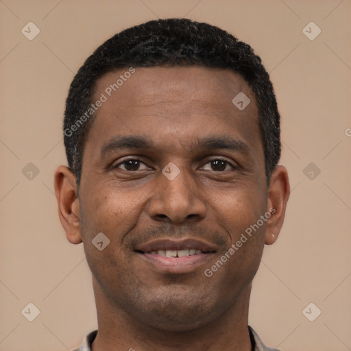 Joyful latino young-adult male with short  brown hair and brown eyes