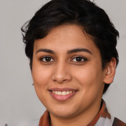 Joyful asian young-adult female with short  brown hair and brown eyes