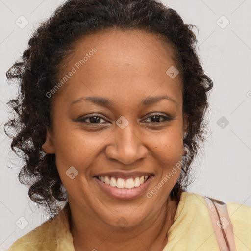 Joyful black adult female with long  brown hair and brown eyes