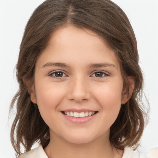 Joyful white child female with medium  brown hair and brown eyes