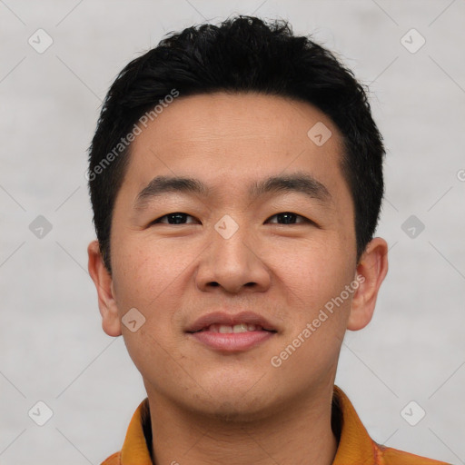 Neutral asian young-adult male with short  black hair and brown eyes