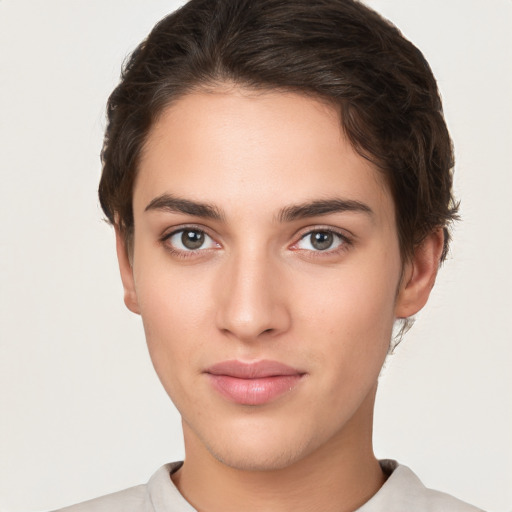 Neutral white young-adult female with short  brown hair and brown eyes