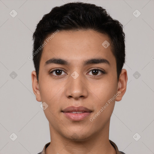 Joyful latino young-adult male with short  black hair and brown eyes