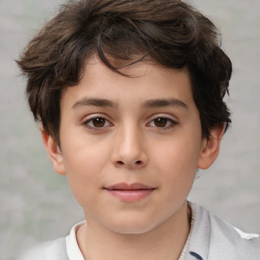 Joyful white child female with short  brown hair and brown eyes