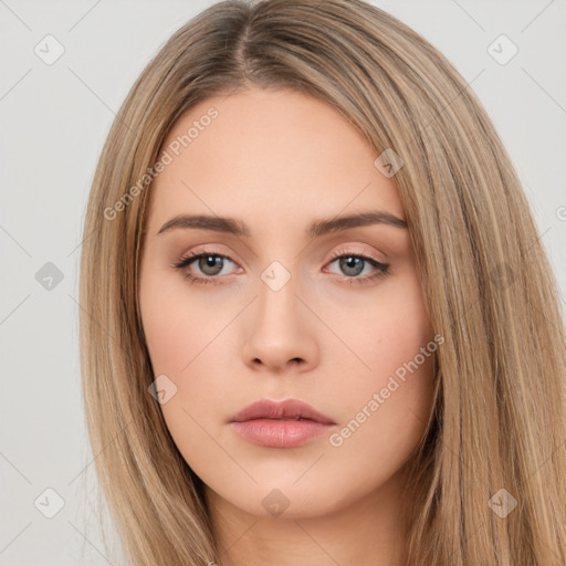 Neutral white young-adult female with long  brown hair and brown eyes