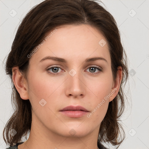 Neutral white young-adult female with medium  brown hair and grey eyes