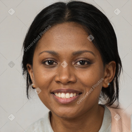 Joyful black young-adult female with medium  brown hair and brown eyes