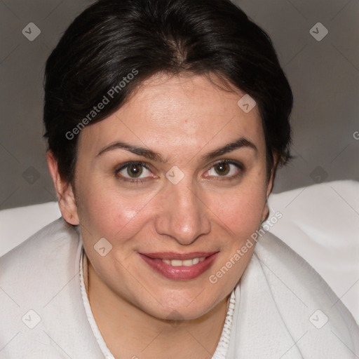 Joyful white adult female with medium  brown hair and brown eyes