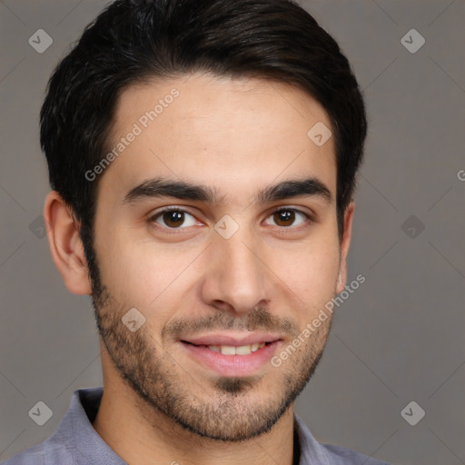 Joyful white young-adult male with short  brown hair and brown eyes