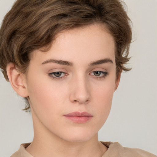 Neutral white young-adult female with short  brown hair and brown eyes