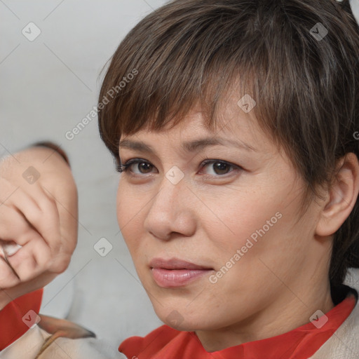 Neutral white young-adult female with short  brown hair and brown eyes