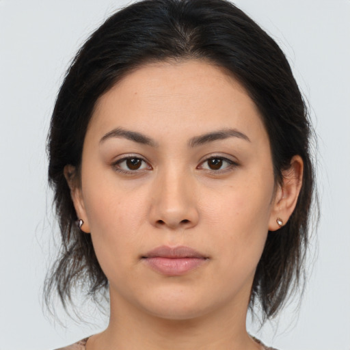 Neutral asian young-adult female with medium  brown hair and brown eyes