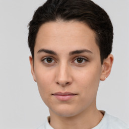 Neutral white young-adult female with short  brown hair and brown eyes