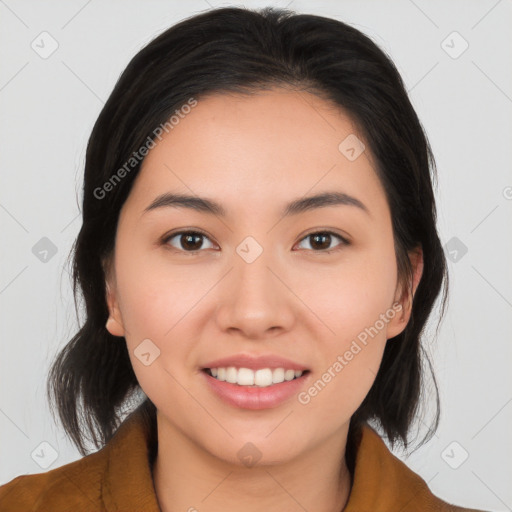 Joyful white young-adult female with medium  brown hair and brown eyes